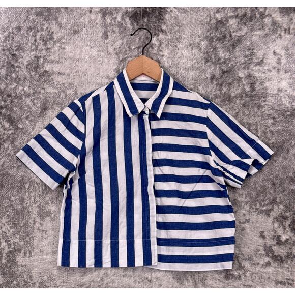 Gorman Top 8 Womens Cotton Linen Woven Blue Striped Boxy Shirt - Picture 1 of 8